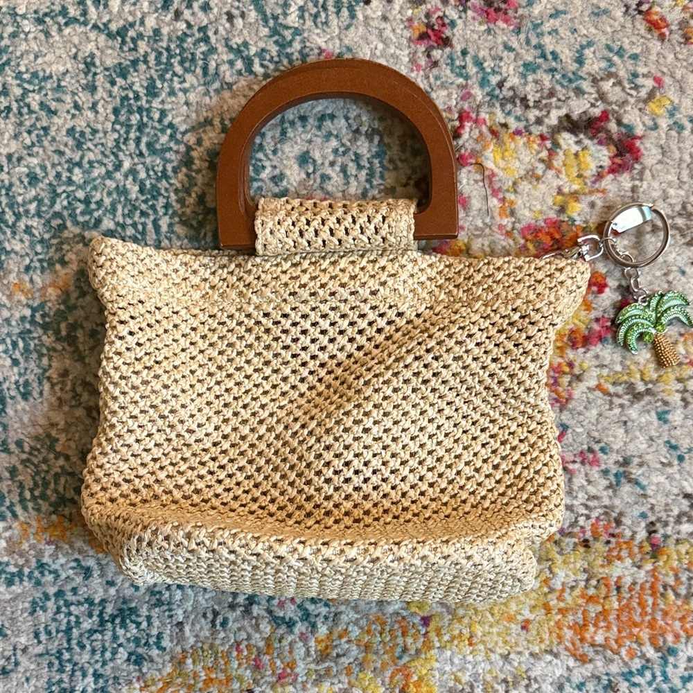 Woven Straw Handbag with Wooden Handles - Natural. Crossbody.  Bag charm